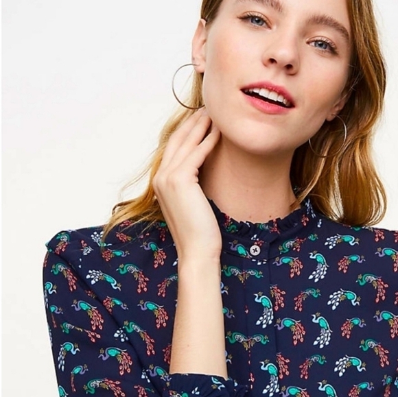 Loft Peacock Utility Ruffle Button Down Blouse M - Picture 3 of 9